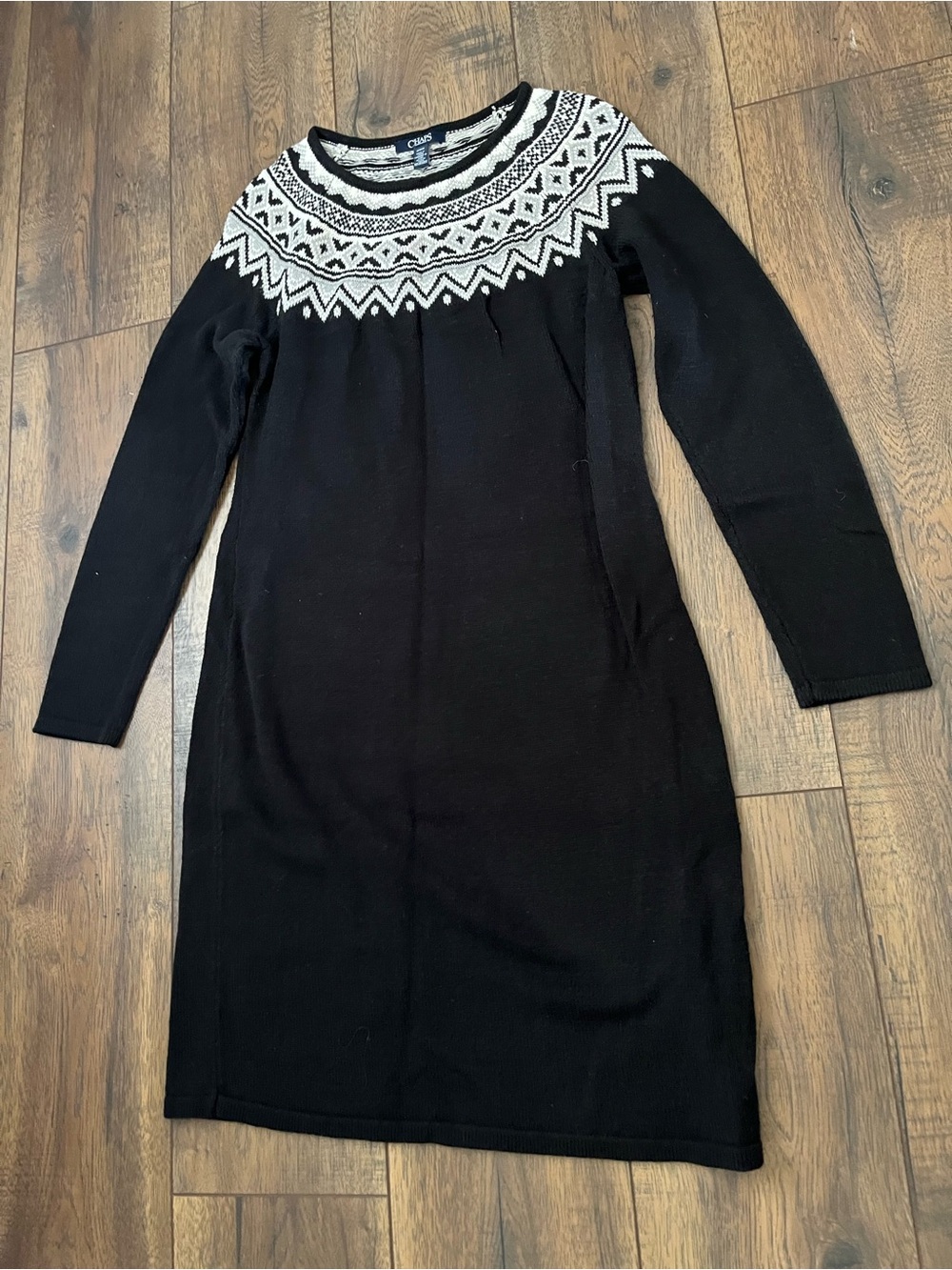 Chaps Black Long-Sleeve Sweater Dress with White Fair Isle Yoke